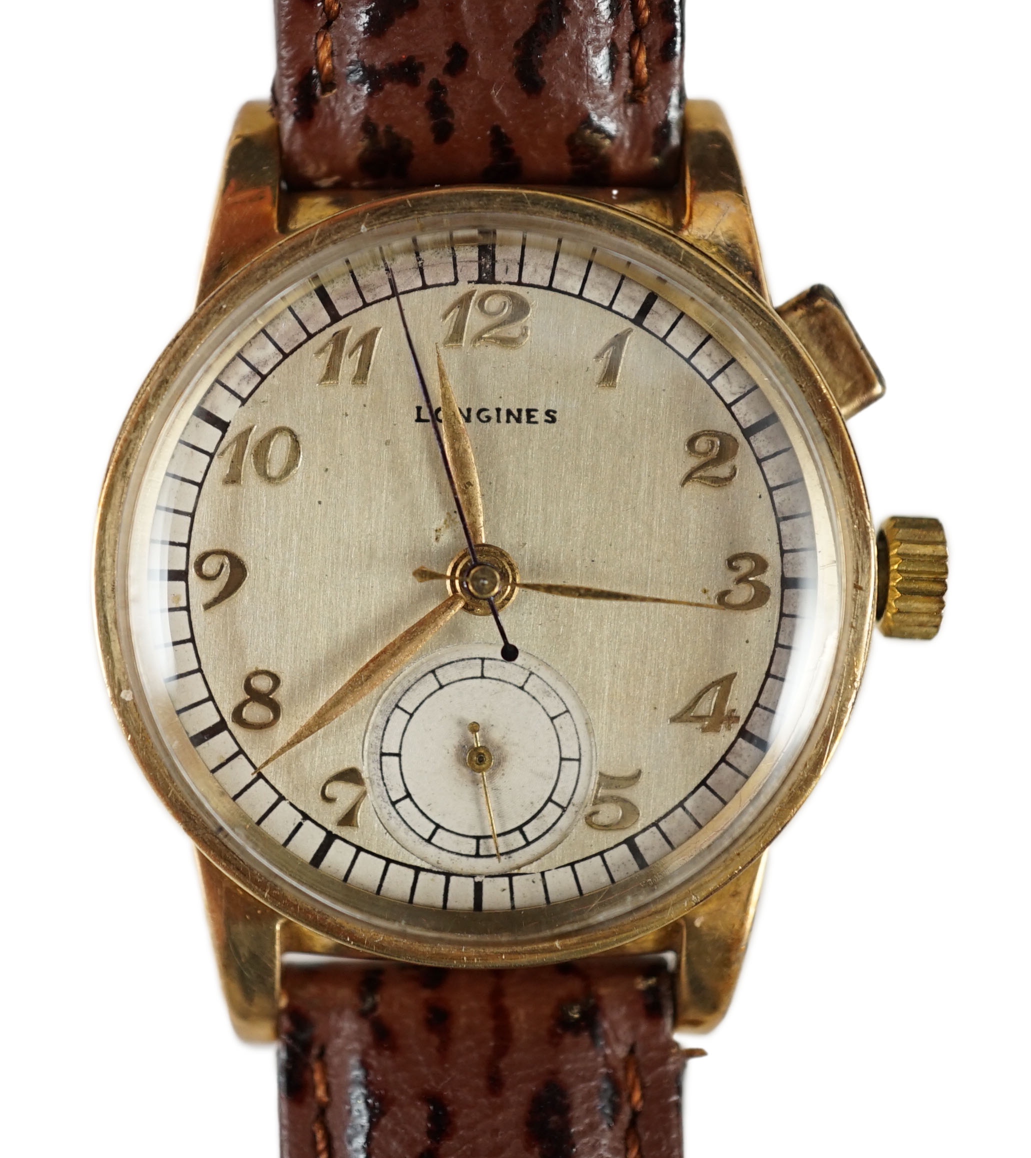 A gentleman's rare early 1940's 10k gold filled Longines 'Stopwatch' second, manual wind wrist watch, serial number 6,120,684, stop second movement c.12.68Z